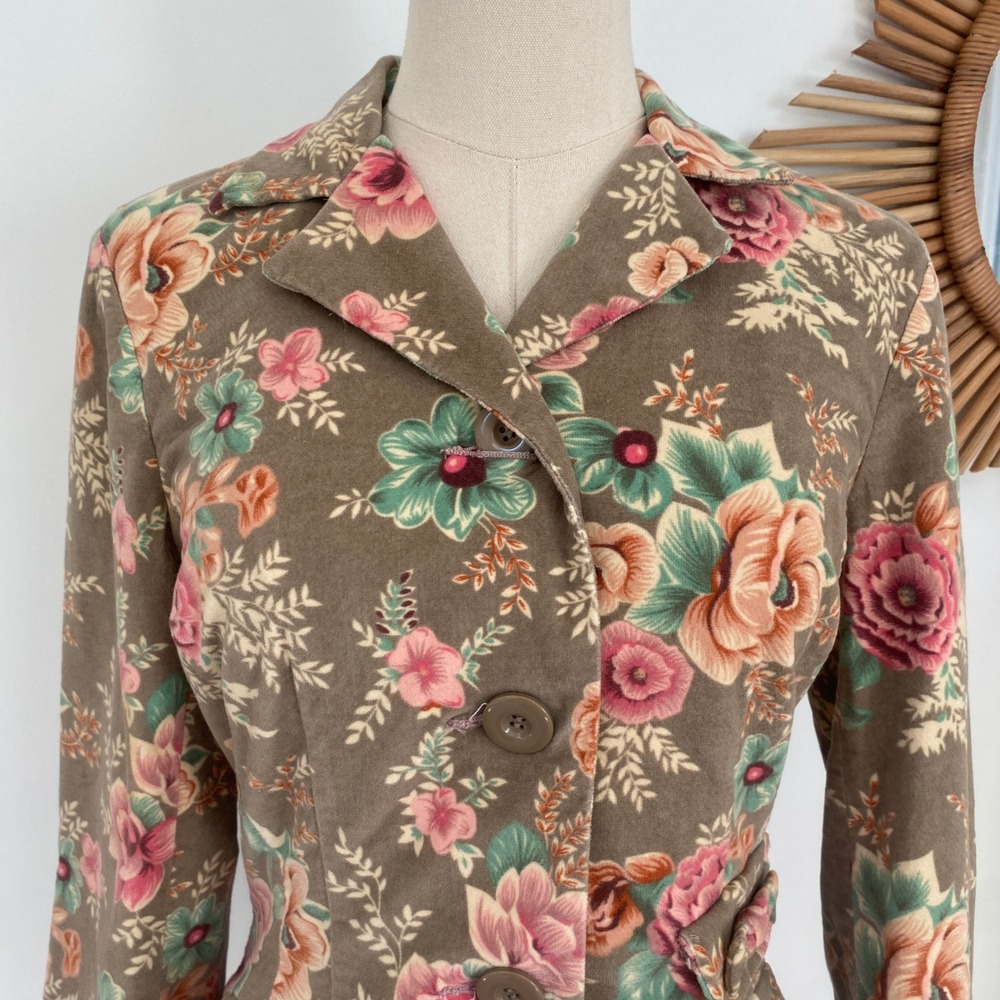 NWT Vintage Y2K Floral Corduroy Blazer Lace Trim Bows Beige 4 XS - Picture 2 of 15